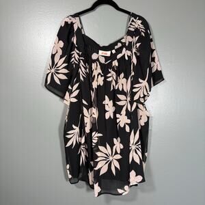 EVRI Black & Pink Square Neck Floral Peasant Blouse - 4X - Women's Plus Size Top